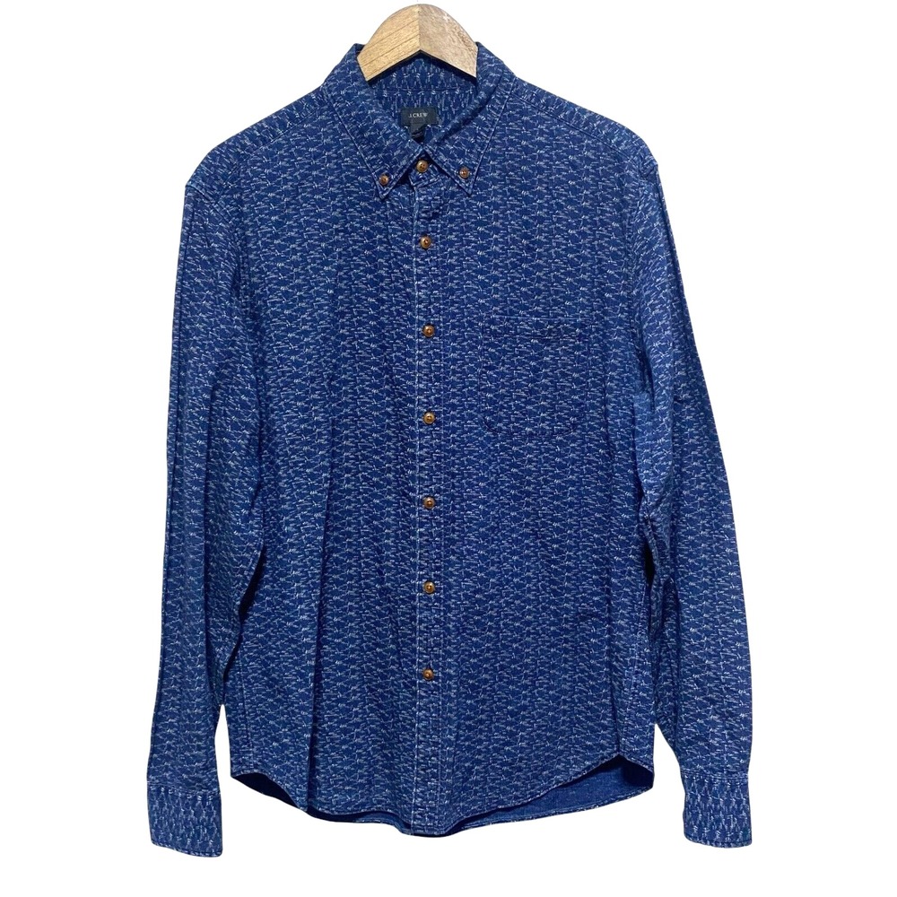 J Crew Shirt Mens L Blue Button Front Long Sleeve Collar Preppy Cotton